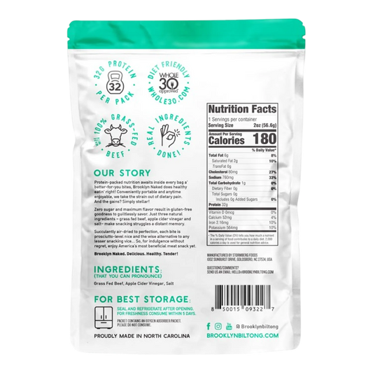 Brooklyn Biltong Garlic biltong back with Nutrition Facts, five-ingredient list, Our Story, storage instructions and barcode
