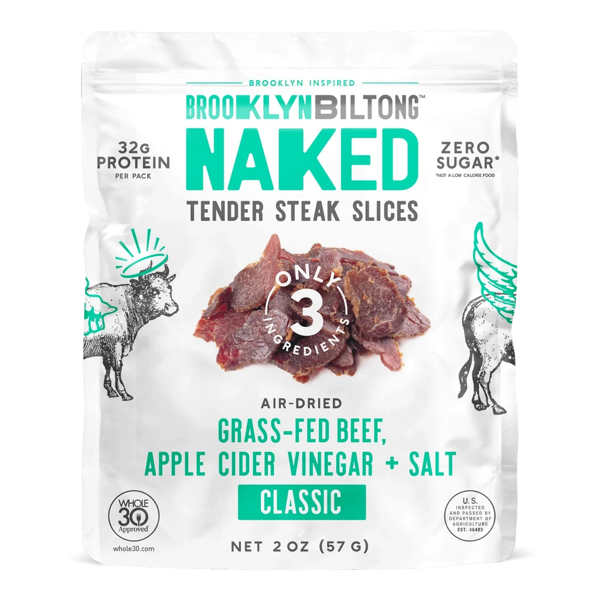 Brooklyn Biltong Garlic Naked Tender Steak Slices front, mint bag with photo of dark reddish-brown biltong slices, no window