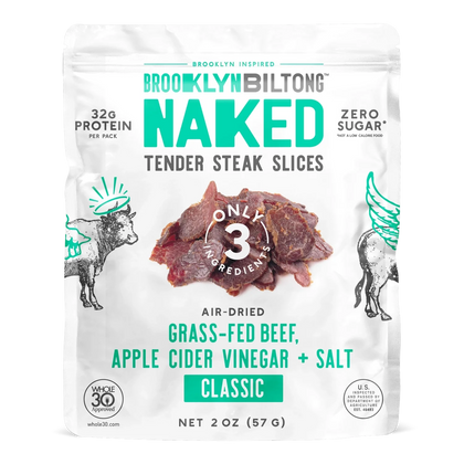Brooklyn Biltong Garlic Naked Tender Steak Slices front, mint bag with photo of dark reddish-brown biltong slices, no window
