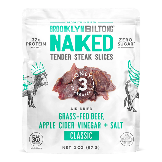 Brooklyn Biltong Garlic Naked Tender Steak Slices front, mint bag with photo of dark reddish-brown biltong slices, no window