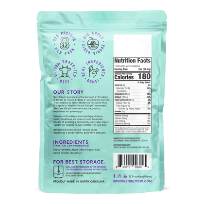 Brooklyn Biltong Garlic biltong back with Nutrition Facts, five-ingredient list, Our Story, storage instructions and barcode