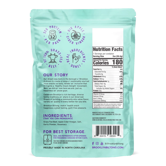 Brooklyn Biltong Garlic biltong back with Nutrition Facts, five-ingredient list, Our Story, storage instructions and barcode