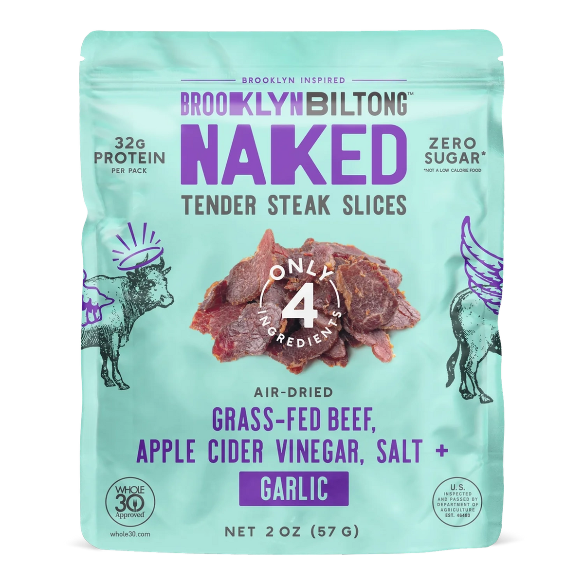 Brooklyn Biltong Garlic Naked Tender Steak Slices front, mint bag with photo of dark reddish-brown biltong slices, no window