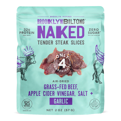 Brooklyn Biltong Garlic Naked Tender Steak Slices front, mint bag with photo of dark reddish-brown biltong slices, no window
