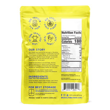 Brooklyn Biltong Lemon Pepper beef biltong back with Nutrition Facts, ingredients, Our Story and storage directions