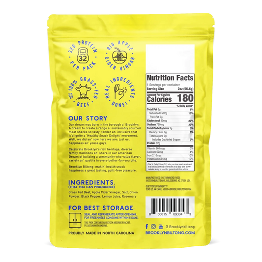 Brooklyn Biltong Lemon Pepper beef biltong back with Nutrition Facts, ingredients, Our Story and storage directions