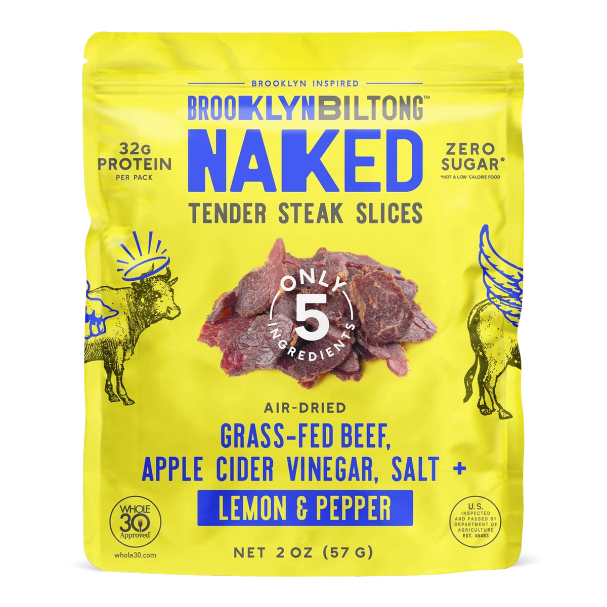 Brooklyn Biltong Lemon Pepper beef biltong front, yellow bag with photo of air-dried grass-fed steak slices