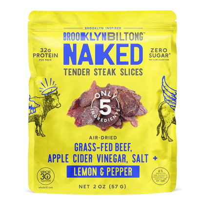 Brooklyn Biltong Lemon Pepper beef biltong front, yellow bag with photo of air-dried grass-fed steak slices