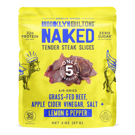 Brooklyn Biltong Lemon Pepper beef biltong front, yellow bag with photo of air-dried grass-fed steak slices