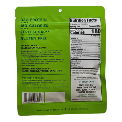 Brooklyn Biltong Naked Pepper & Coriander beef biltong back with Nutrition Facts, five-ingredient list and storage note