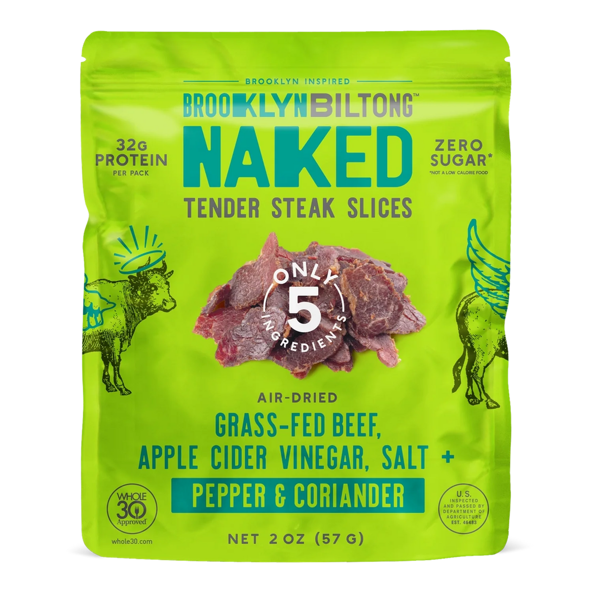 Brooklyn Biltong Naked Pepper & Coriander beef biltong front, green bag with photo of dark reddish-brown air-dried slices