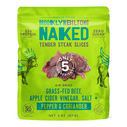Brooklyn Biltong Naked Pepper & Coriander beef biltong front, green bag with photo of dark reddish-brown air-dried slices