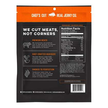 Chef's Cut Real Jerky Co. Chipotle Cracked Pepper beef jerky bag, back, with nutrition facts and ingredient list