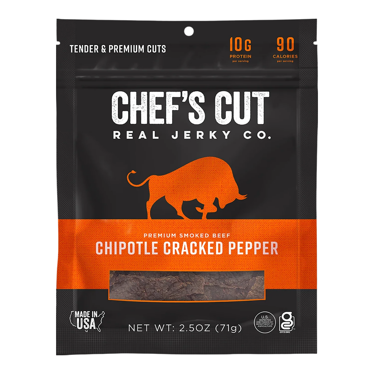 Chef's Cut Real Jerky Co. Chipotle Cracked Pepper beef jerky bag, front, with a window showing dark pieces of jerky