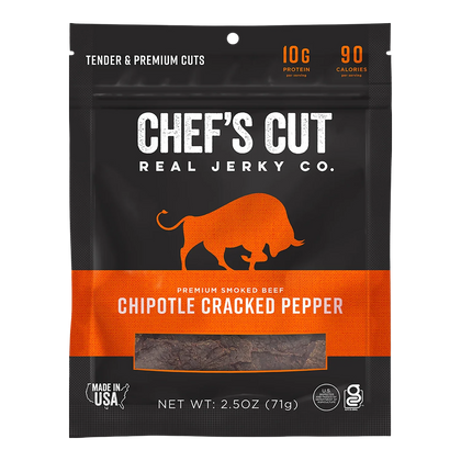 Chef's Cut Real Jerky Co. Chipotle Cracked Pepper beef jerky bag, front, with a window showing dark pieces of jerky