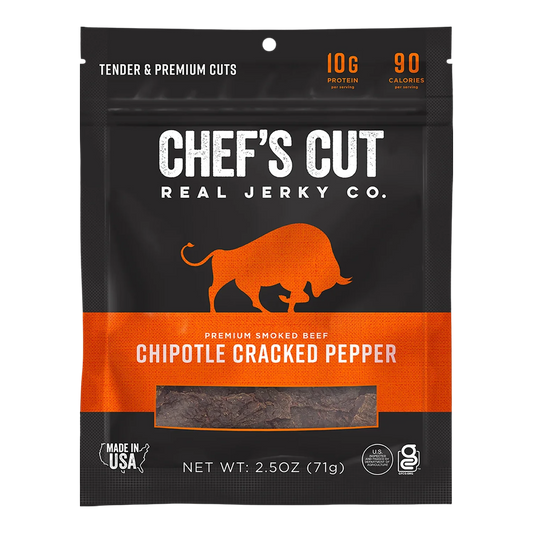 Chef's Cut Real Jerky Co. Chipotle Cracked Pepper beef jerky bag, front, with a window showing dark pieces of jerky