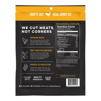 Chef's Cut Real Jerky Co. Honey Barbecue chicken jerky bag, back, with nutrition facts, ingredients and smoking notes