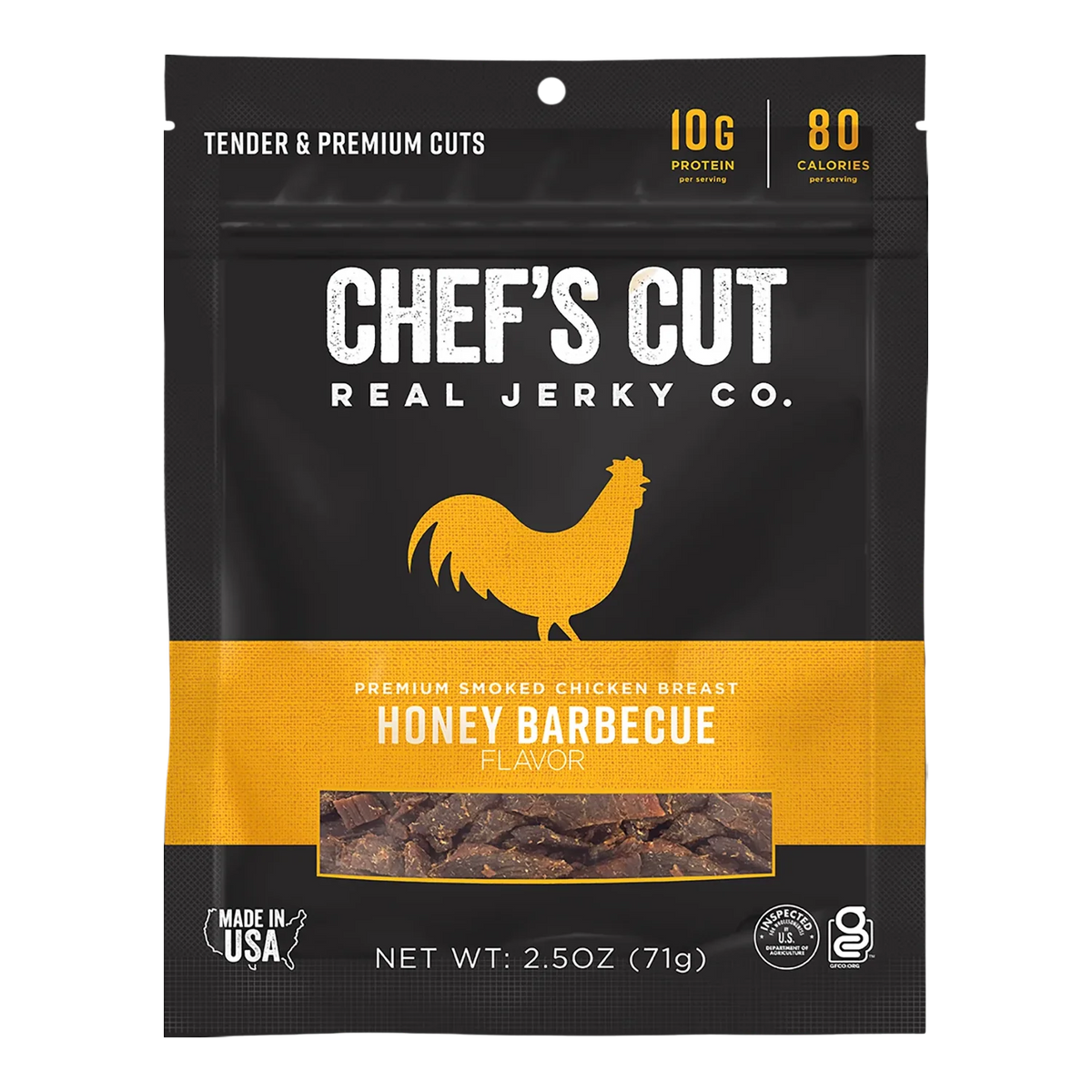 Chef's Cut Real Jerky Co. Honey Barbecue chicken jerky bag, front, with a window showing deep brown jerky pieces
