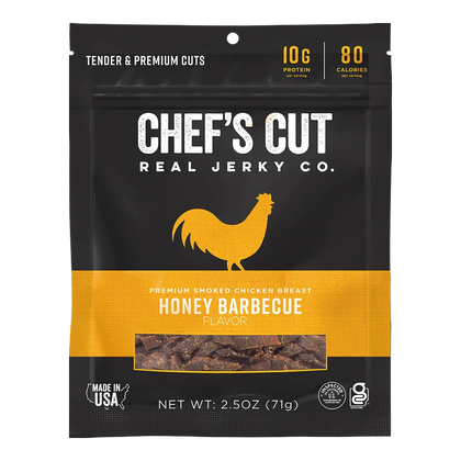 Chef's Cut Real Jerky Co. Honey Barbecue chicken jerky bag, front, with a window showing deep brown jerky pieces