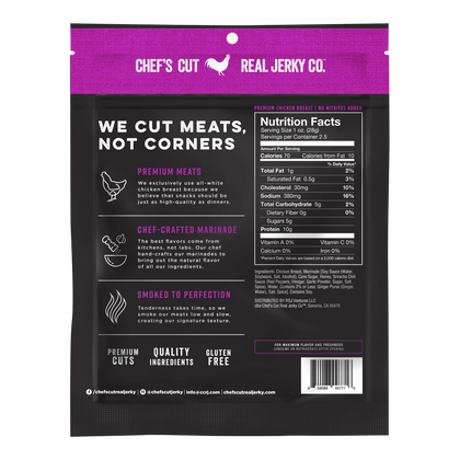Chef's Cut Real Jerky Co. Korean Barbecue chicken jerky bag, back, with nutrition facts, ingredients and gluten free badge