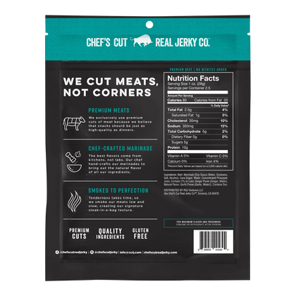 Chef's Cut Real Jerky Co. Teriyaki beef jerky back with nutrition facts, ingredients, no nitrites added and gluten free