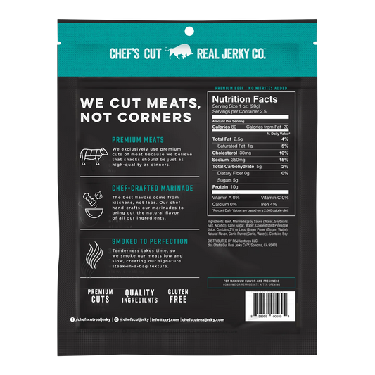 Chef's Cut Real Jerky Co. Teriyaki beef jerky back with nutrition facts, ingredients, no nitrites added and gluten free