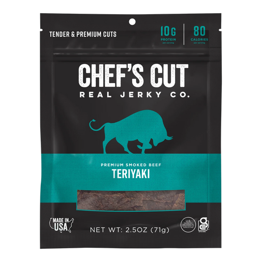 Chef's Cut Real Jerky Co. Teriyaki beef jerky front, black bag with teal band and window showing dark smoked beef strips