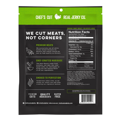Back of Chef's Cut Real Jerky Co. Turkey Teriyaki jerky bag with nutrition facts, ingredients and gluten free badge