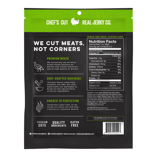 Back of Chef's Cut Real Jerky Co. Turkey Teriyaki jerky bag with nutrition facts, ingredients and gluten free badge