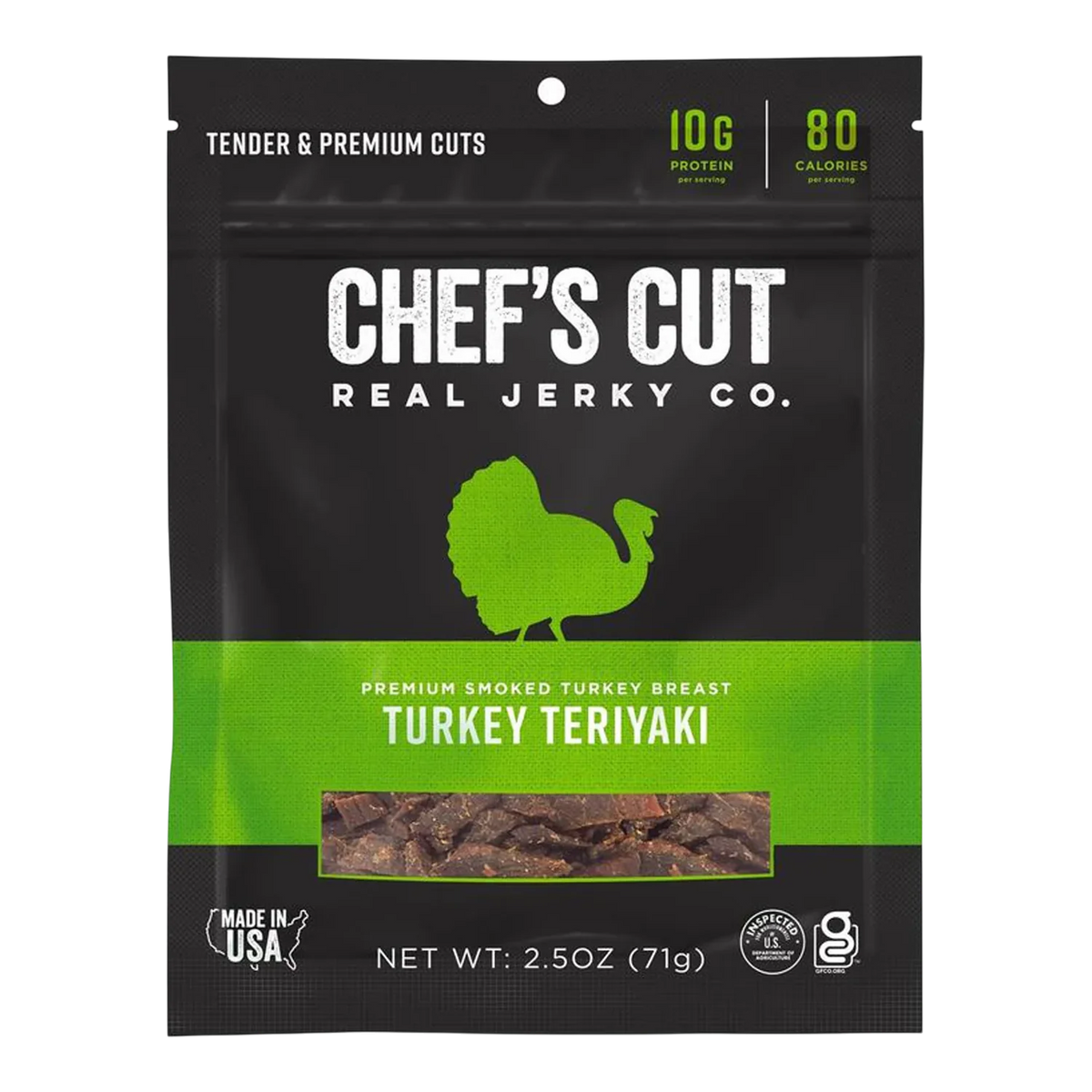 Chef's Cut Real Jerky Co. Turkey Teriyaki jerky bag, front, window showing small dark pieces of smoked turkey jerky