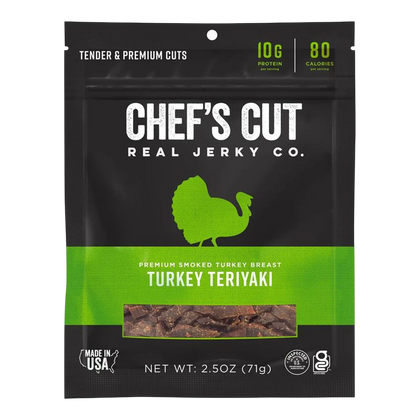 Chef's Cut Real Jerky Co. Turkey Teriyaki jerky bag, front, window showing small dark pieces of smoked turkey jerky