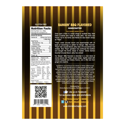 Back of Divine Swine Bangin' BBQ Uncured Bacon Jerky bag by Divine Bovine with nutrition facts, Pops story and ingredients