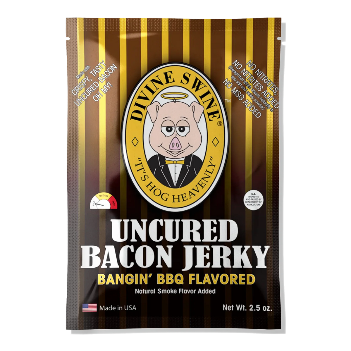 Front of Divine Swine Bangin' BBQ Flavored Uncured Bacon Jerky bag by Divine Bovine, pig logo, mild heat gauge, no window