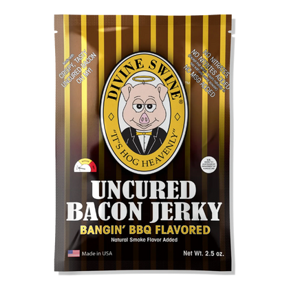 Front of Divine Swine Bangin' BBQ Flavored Uncured Bacon Jerky bag by Divine Bovine, pig logo, mild heat gauge, no window