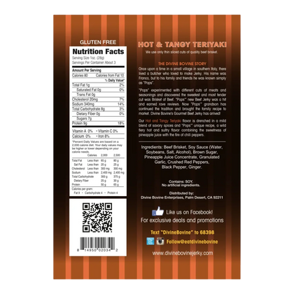 Divine Bovine Hot & Tangy Teriyaki Beef Jerky back label with nutrition facts, ingredients, gluten free mark and Pops story