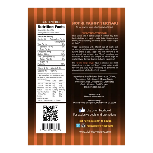Divine Bovine Hot & Tangy Teriyaki Beef Jerky back label with nutrition facts, ingredients, gluten free mark and Pops story