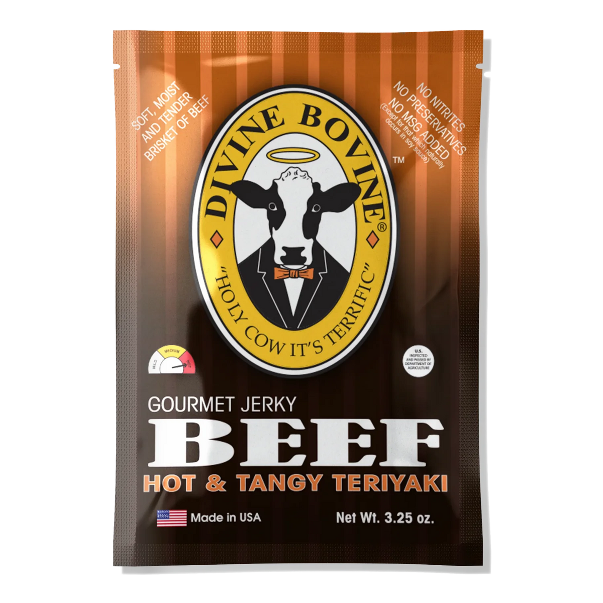 Divine Bovine Hot & Tangy Teriyaki Beef Jerky front: orange and brown bag, halo cow logo, heat gauge set to hot, no window