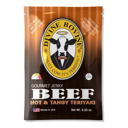 Divine Bovine Hot & Tangy Teriyaki Beef Jerky front: orange and brown bag, halo cow logo, heat gauge set to hot, no window