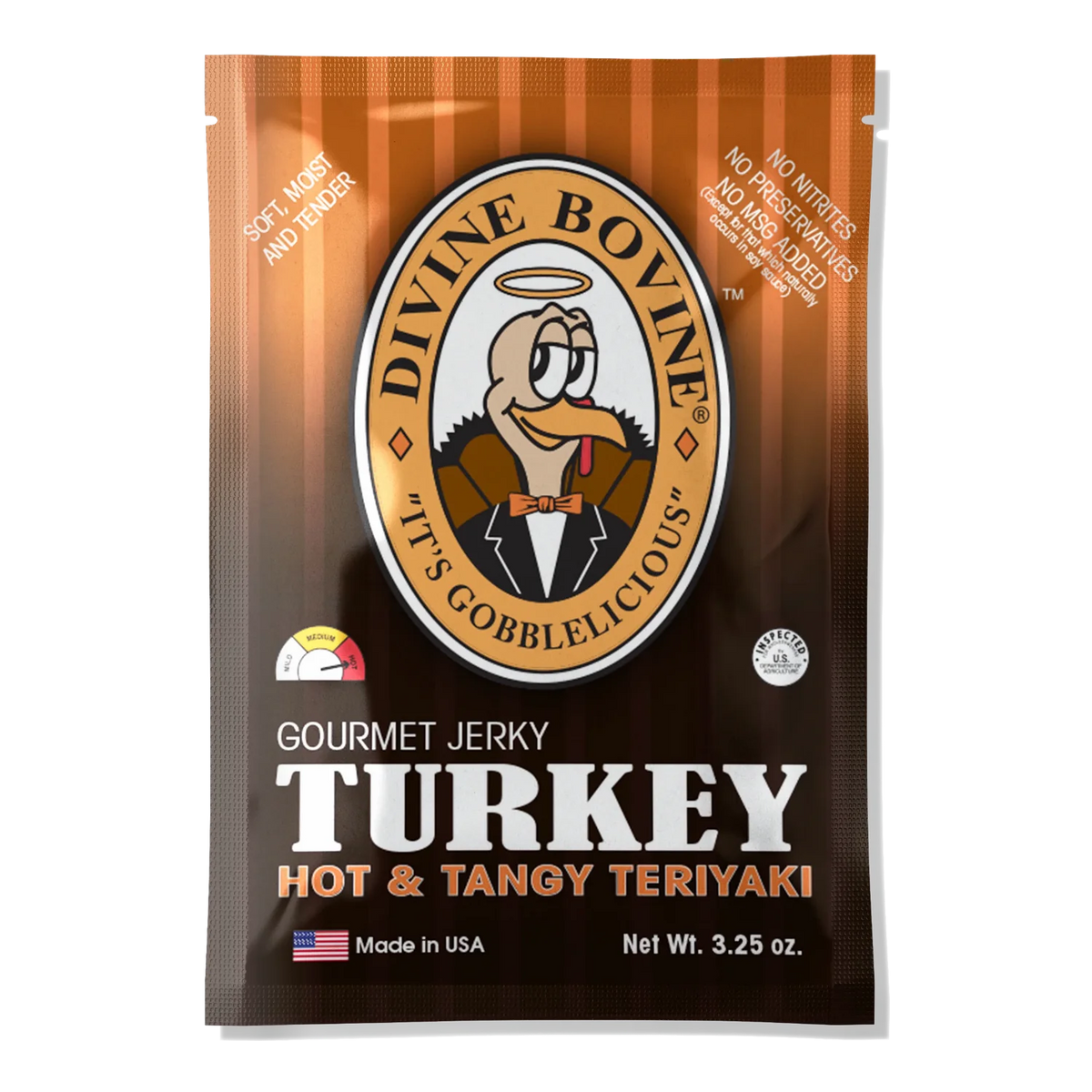 Front of Divine Bovine Hot & Tangy Teriyaki Turkey Jerky bag with halo turkey logo and heat gauge pointing to hot