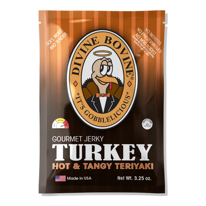 Front of Divine Bovine Hot & Tangy Teriyaki Turkey Jerky bag with halo turkey logo and heat gauge pointing to hot