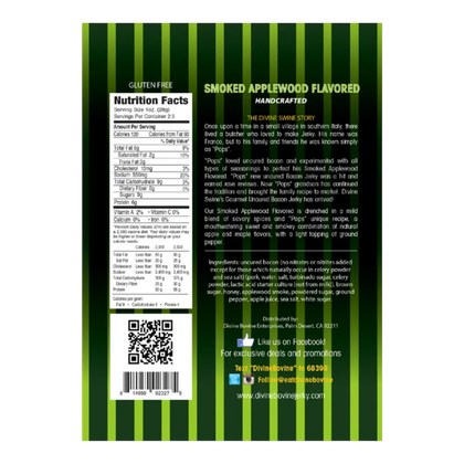 Back of Divine Swine Smoked Applewood Flavored Bacon Jerky bag with nutrition facts, ingredients and the Divine Swine story