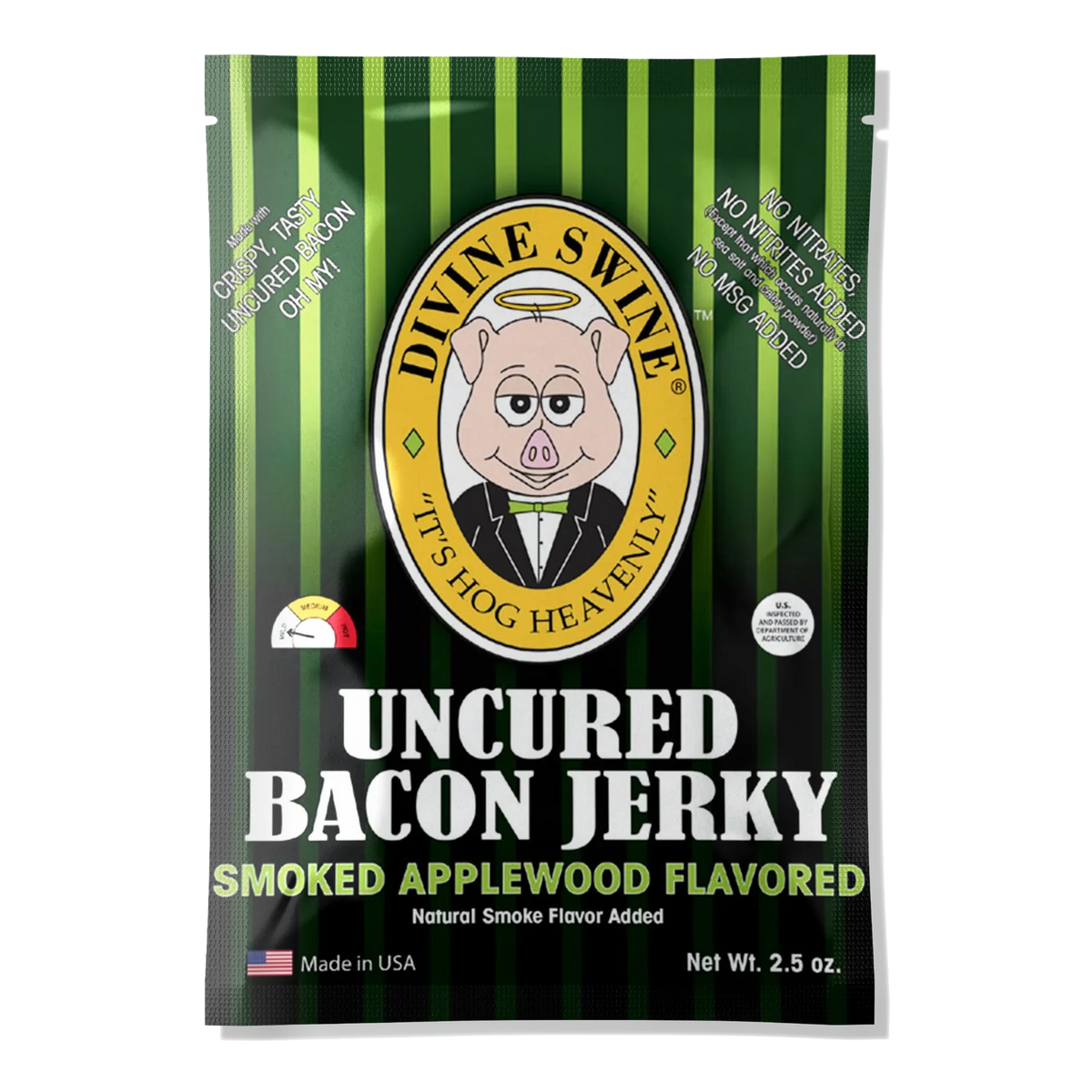 Front of Divine Swine Smoked Applewood Flavored Uncured Bacon Jerky bag with pig logo, mild heat gauge and no window