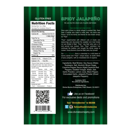 Back of Divine Bovine Spicy Jalapeño Beef Jerky bag with nutrition facts, ingredients, allergen line and Pops' story