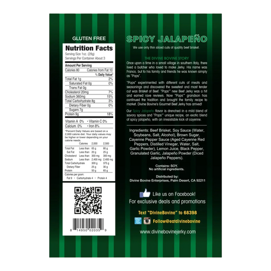 Back of Divine Bovine Spicy Jalapeño Beef Jerky bag with nutrition facts, ingredients, allergen line and Pops' story