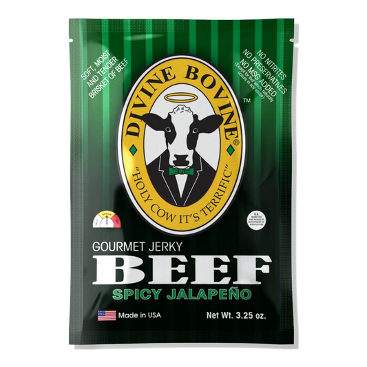 Front of Divine Bovine Spicy Jalapeño Gourmet Beef Jerky bag with green stripes, halo cow logo and medium heat gauge