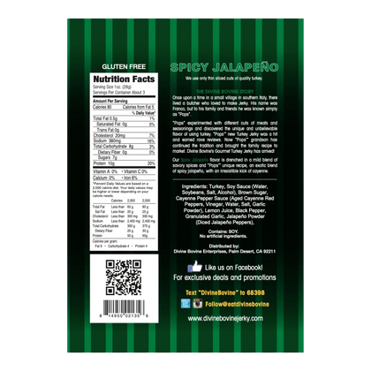 Divine Bovine Spicy Jalapeño Turkey Jerky back: nutrition facts, ingredients, gluten free, Contains soy, brand story