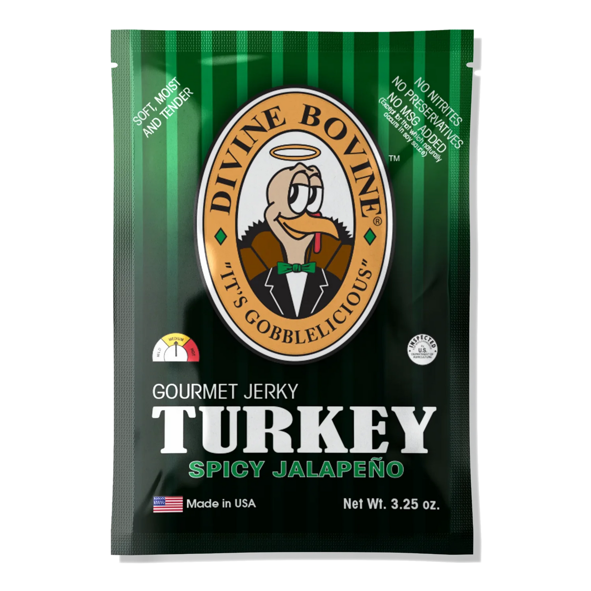Divine Bovine Spicy Jalapeño Turkey Jerky front: green striped bag with turkey logo and medium heat dial, no window
