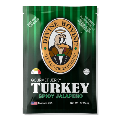 Divine Bovine Spicy Jalapeño Turkey Jerky front: green striped bag with turkey logo and medium heat dial, no window