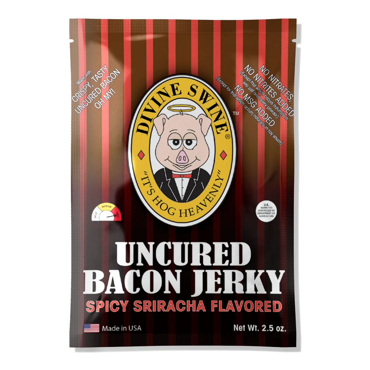 Front of Divine Swine Spicy Sriracha Flavored Uncured Bacon Jerky bag, red and brown stripes, no window, pig logo, heat meter