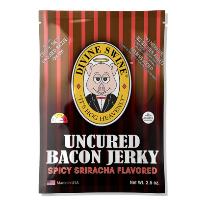 Front of Divine Swine Spicy Sriracha Flavored Uncured Bacon Jerky bag, red and brown stripes, no window, pig logo, heat meter